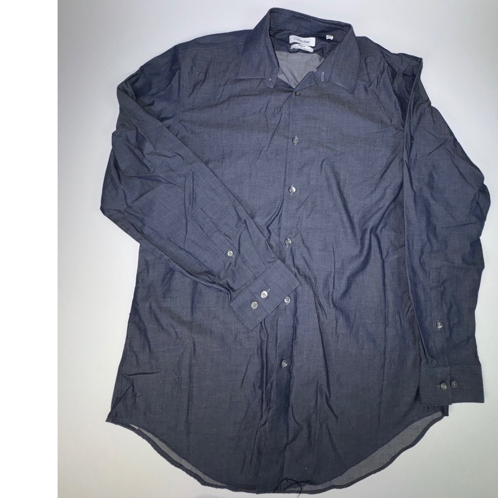 Calvin Klein Steel+ Slim Fit Herringbone Dress Shirt Blue Grey Mens L 16 32/33